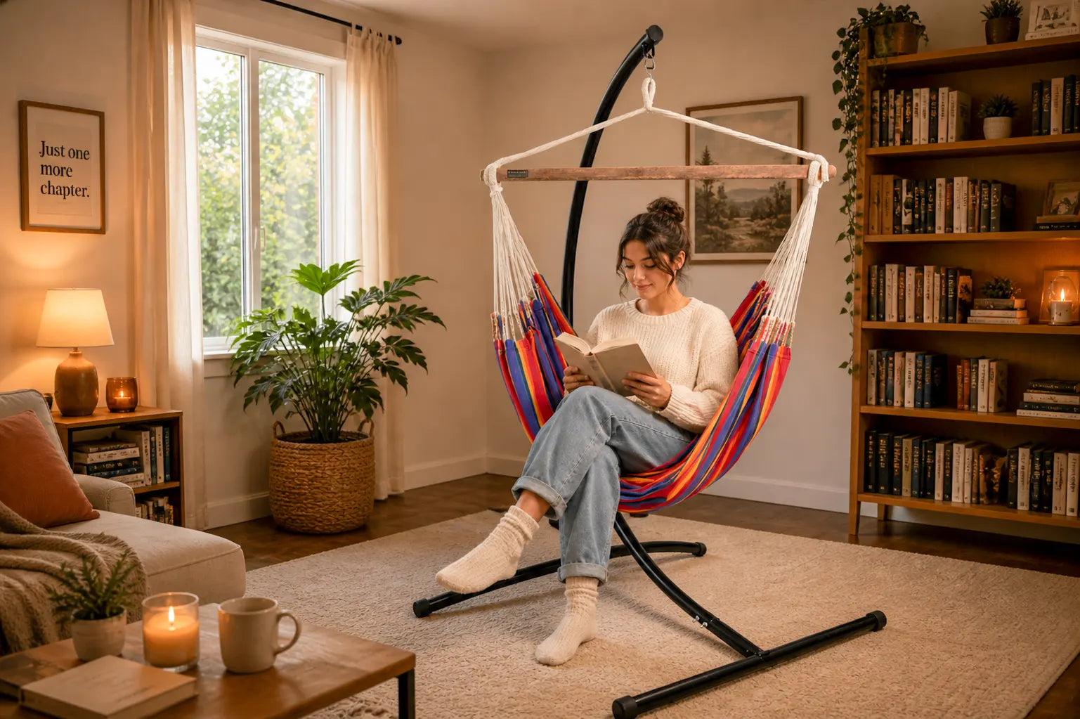 Chaise hamac colorée suspendue sur un support noir, placée dans un coin lecture chaleureux à l’intérieur, avec une femme assise lisant un livre, entourée de plantes, d’une bibliothèque et d’une lumière douce.