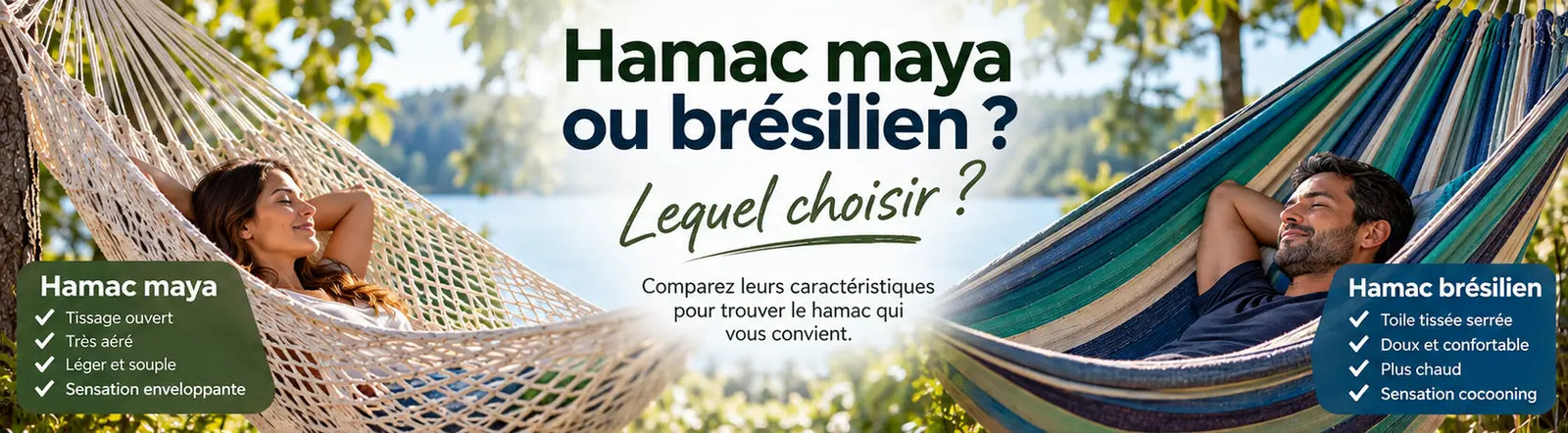 Hamac maya en maille tissée et hamac brésilien en tissu présentés côte à côte à l’extérieur