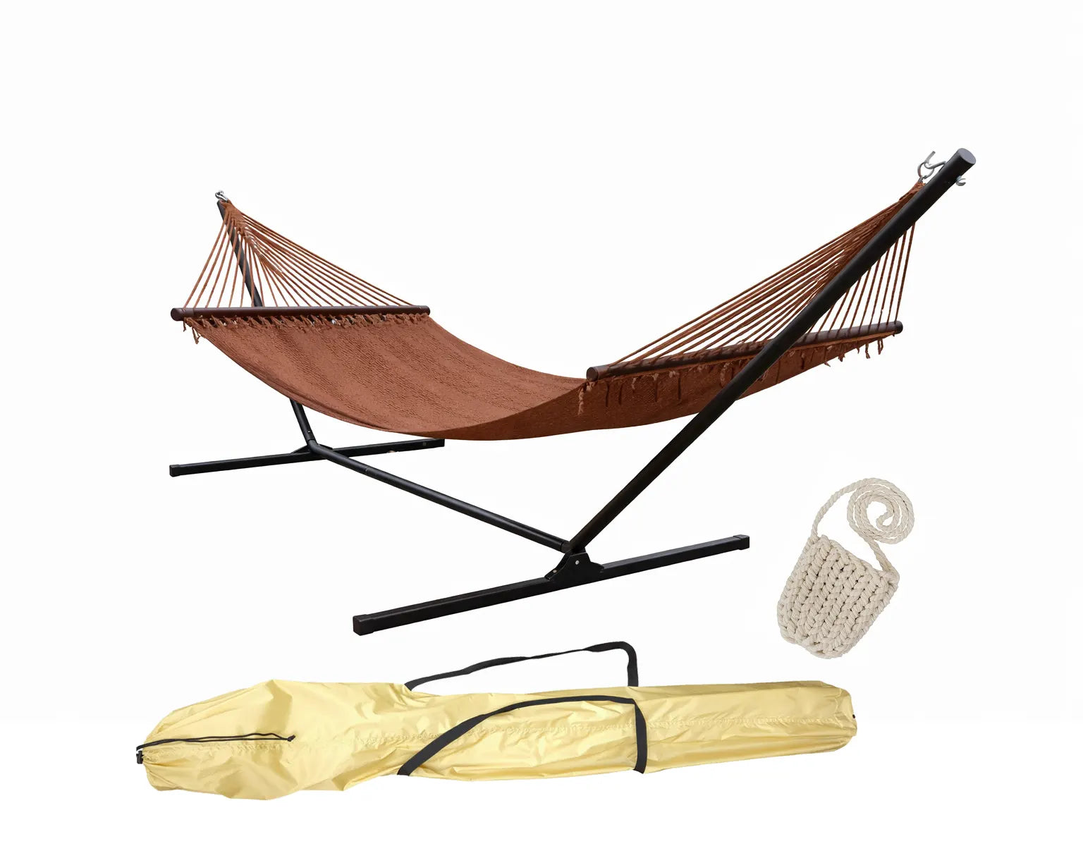 Hamac Univers Hammock Bundle cafe Ensemble Hamac Ultime pour le Jardin – Hamac Deluxe en Corde de Polyester avec Support 3 Poutres, Porte-Gobelet et Sac de Transport 642135811849 50703-Coffee+15TBSB-bundle