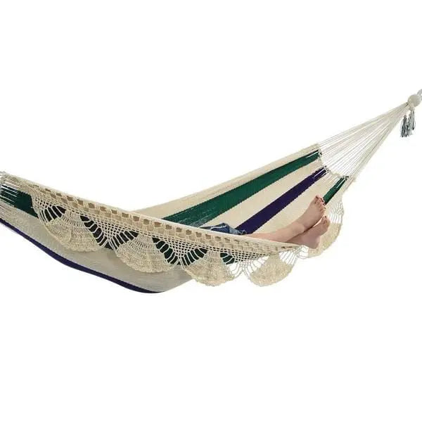 Hamac Univers Hamacs rayures-bleues-blanches-vertes Hamac double du Nicaragua avec frange 738447505092 NHD-BWGS