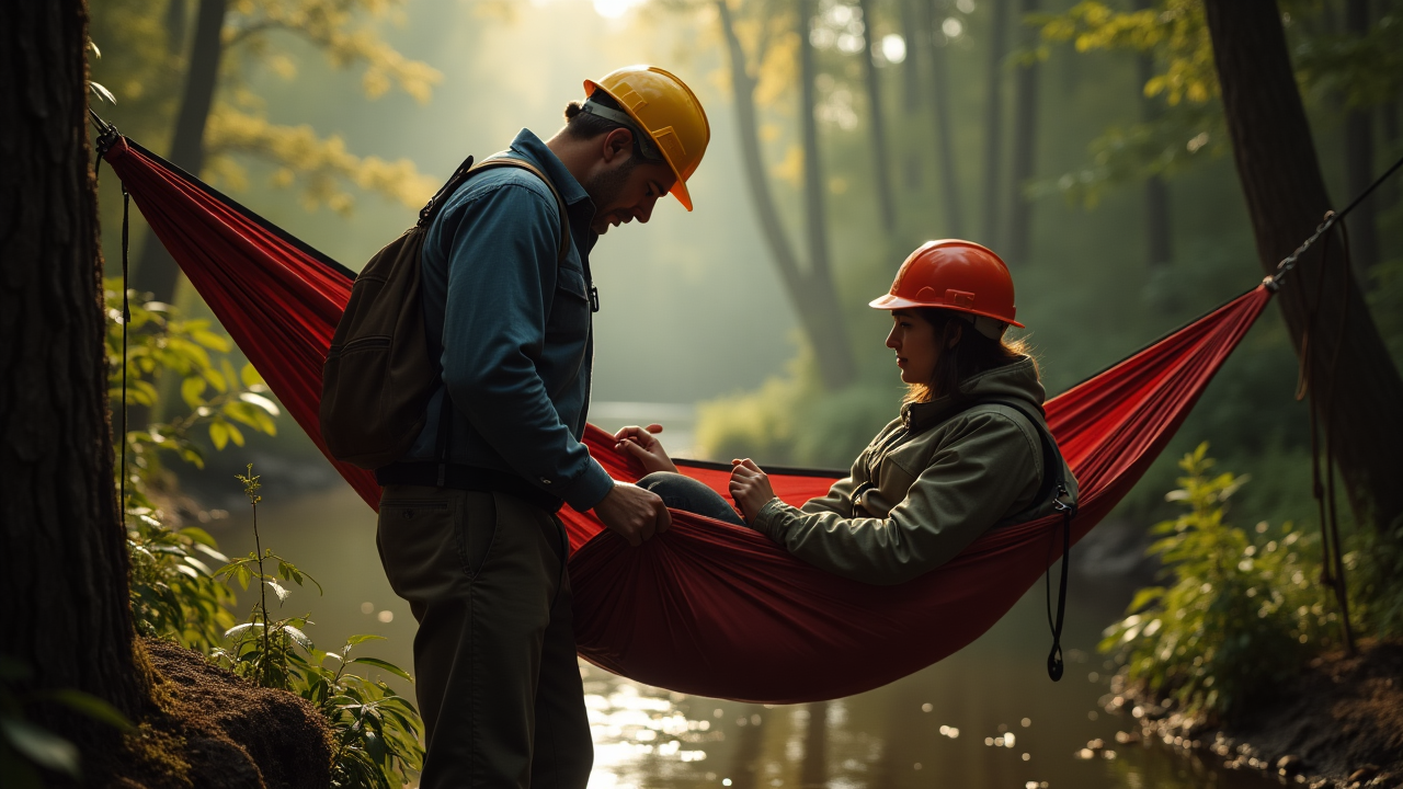 homme et femme faisant l'inspection d'un hamac et de son installation