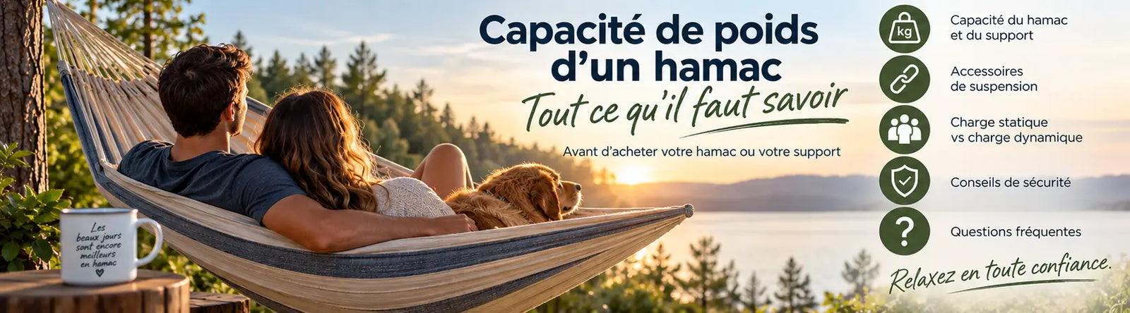 Couple dans un hamac double illustrant la capacité de poids du hamac et de son système de suspension