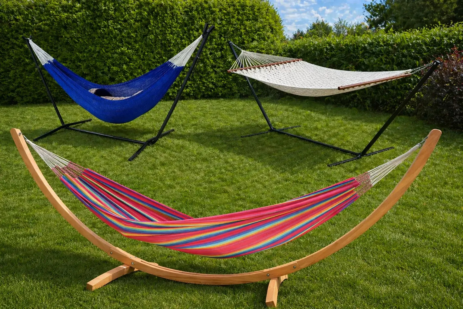 three hammocks on 3 different stands
