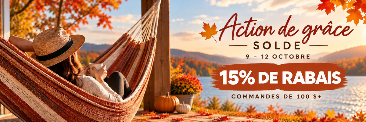 Bannière promotionnelle pour une vente de l’Action de grâce, mettant en vedette une femme se détendant dans un hamac rayé au bord d’un lac au coucher du soleil, entourée de feuilles d’automne et de citrouilles, avec le texte « Vente de l’Action de grâce », « 9 au 12 octobre », « 15 % de rabais » et « Commandes de 100 $ et plus »