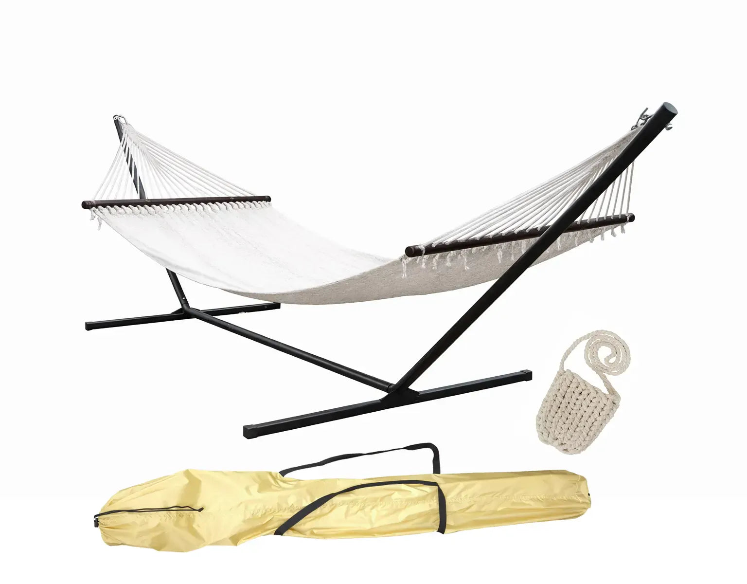 Hamac Univers Hammock Bundle creme Ensemble Hamac Ultime pour le Jardin – Hamac Deluxe en Corde de Polyester avec Support 3 Poutres, Porte-Gobelet et Sac de Transport 642135811856 50703-Cream+15TBSB-bundle